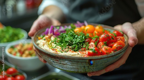 Buddha bowl with colorful vegetables and hummus, clean summer setting