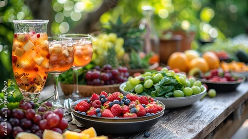 Colorful summer outdoor brunch table, fruit and iced drinks