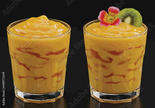 Vector of layered smoothie in a chilled glass with swirls of mango, pineapple, and strawberry puree, visible fruit pulp, topped with tropical flower and kiwi slice.