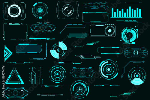 Digital Interface Elements: A comprehensive collection of neon-blue digital interface elements, showcasing futuristic technology and data visualization in a dark environment.