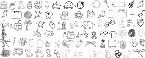 Hand-drawn Doodle Collection: A whimsical array of charming hand-drawn doodles, perfect for adding a touch of creative flair to any project, spanning diverse symbols and icons.