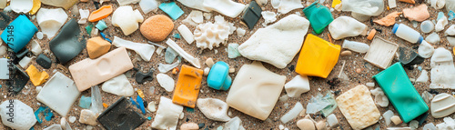 Colorful fragments of plastic litter showcase environmental pollution on the ground.