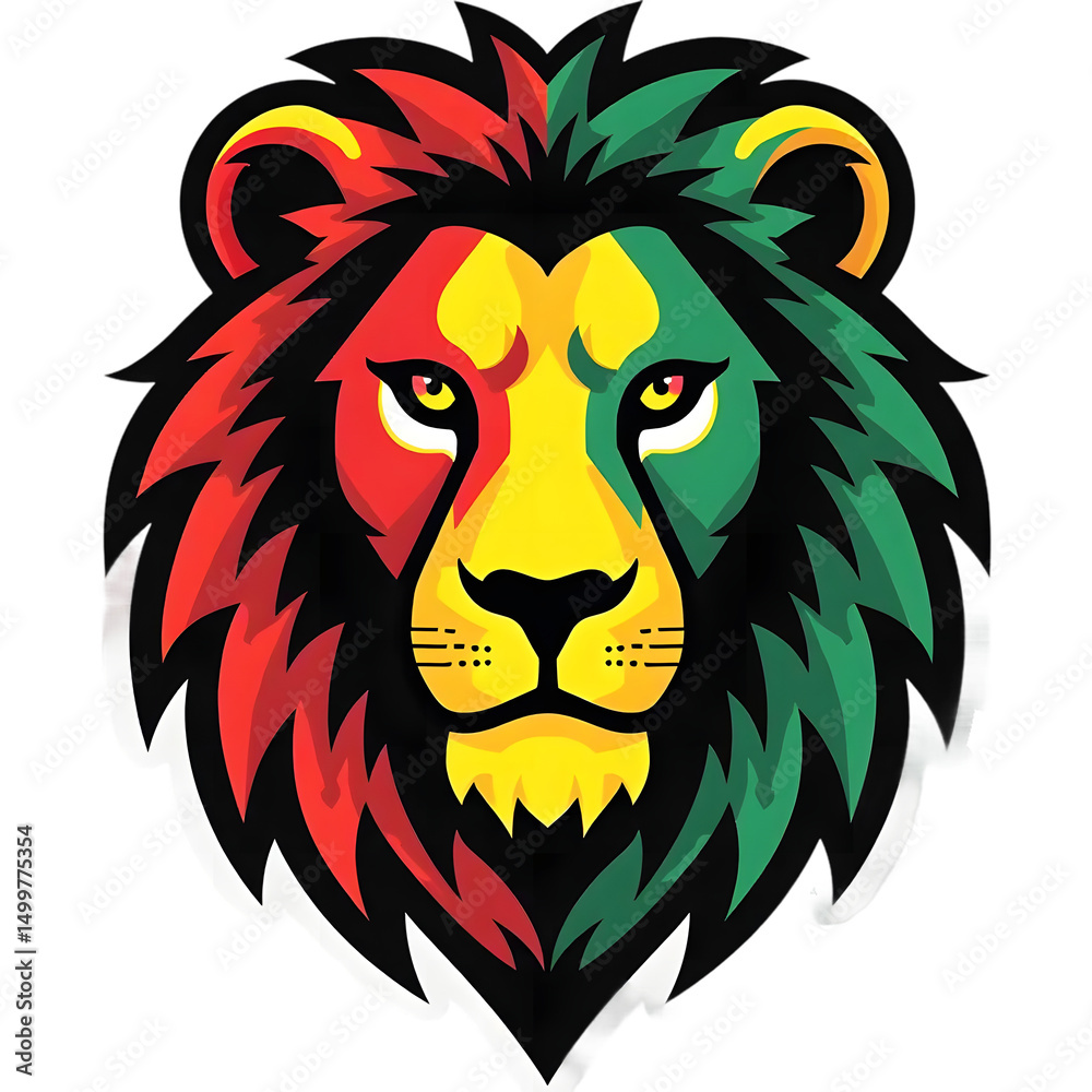 Obraz premium A colorful lion with a black mane and a green and red face