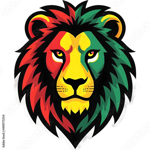 A colorful lion with a black mane and a green and red face