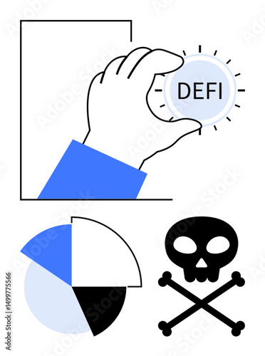 Hand grabbing DeFi token, pie chart for data analytics, and skull for financial risks. Ideal for blockchain, strategy, fintech, finance, data risk management warnings. Modern flat simple metaphor