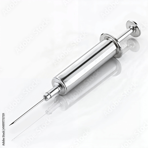 Metal syringe with needle reflecting on white surface isolated on white background