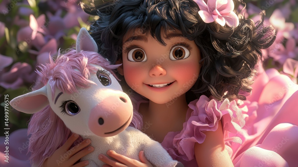 Fototapeta premium A girl with a stuffed horse in a garden