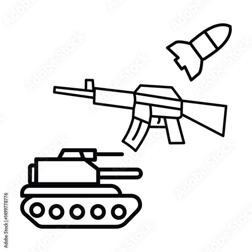 Illustration of military equipment: a tank, an assault rifle, and a missile.