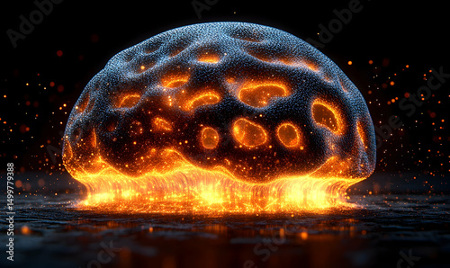 Bioluminescent brain-like form glows with orange light, casting reflections on dark surface, surrounded by sparks