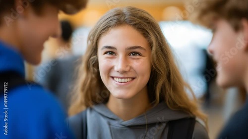 Wallpaper Mural Teenagers engaging in conversation in a lively school corridor setting. Torontodigital.ca