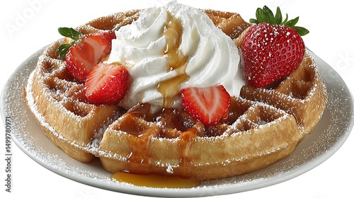 Golden waffle delight topped with fresh strawberries and whipped cream drizzled with syrup