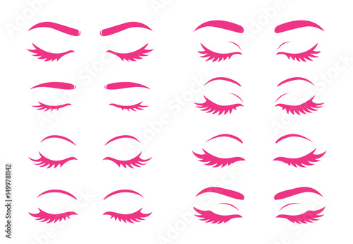 Female eyes and eyebrow vector set with closed lashes, eyeliner, beauty and makeup flat hand draw