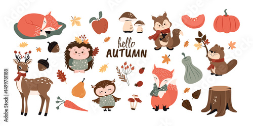 A collection of hand-drawn forest, funny animals, fruits, vegetables and autumn leaves. Vector design on a white background.