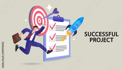 business plan concept, new business achieve target , to do list , planning step for way success. business man jumping , happy for successful projects.