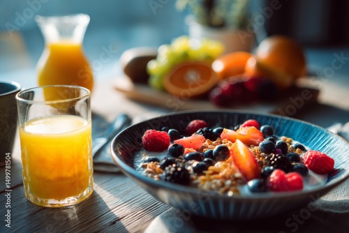 A delicious breakfast scene with fresh granola, berries, and orange juice on a wooden table.