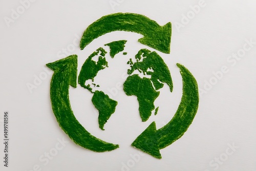 Green recycle symbol with world map inside promoting environmental sustainability and conservation