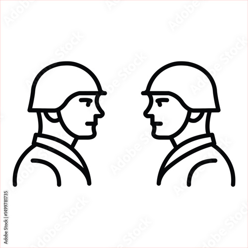 Line art illustration of two soldiers facing each other, symbolizing war or conflict.