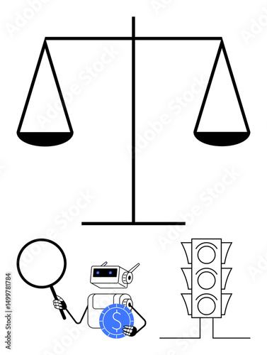 Scales of justice represent fairness, robot examines money with magnifying glass. Traffic light symbolizes control, decision-making. Ideal for law, AI, finance, research, ethics automation