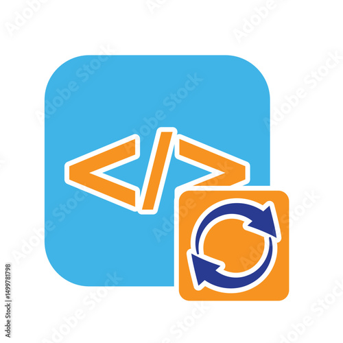Optimization icon. IT Infrastructure Optimization. Programming code with automated flow. Symbol for Process, productivity. Solid design style