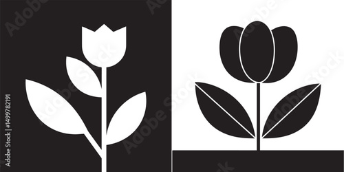 Two contrasting panels depict stylized tulips. The left panel shows a white tulip with leaves on a black background, while the right panel displays a black tulip with leaves on a white background, roo