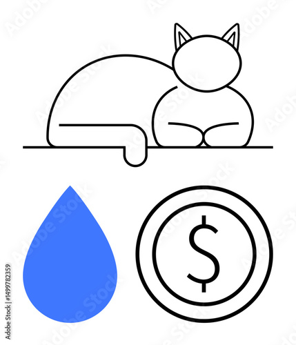 Cat resting calmly, blue water droplet, and dollar coin, emphasizing comfort, sustainability, and financial goals. Ideal for pet care, economy, nature finance minimalism and environment simple