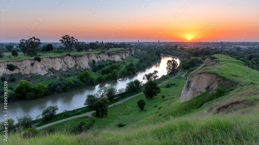 Obraz premium Scenic River Valley Sunset Landscape - Serene sunrise over a meandering river, nestled within green hills. Symbolising tranquility, nature's beauty, peace, renewal, and escape