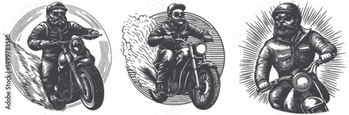 Vintage Motorcycle Engravings with Bearded Riders in Action