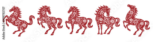 2026 Chinese New Year Zodiac set, Traditional Red Paper Cut Style Horse with Floral Patterns on White