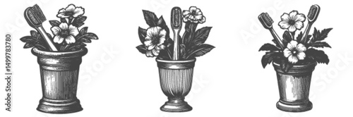 Vintage Style Engravings of Flower Pots with Toothbrushes