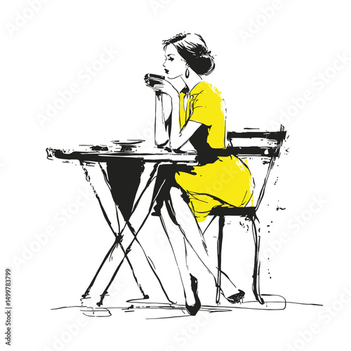 A vector illustration of a woman in a yellow dress sitting at a table and drinking coffee, created in a sketchy style. The design captures a relaxed, cozy vibe with simple yet expressive lines