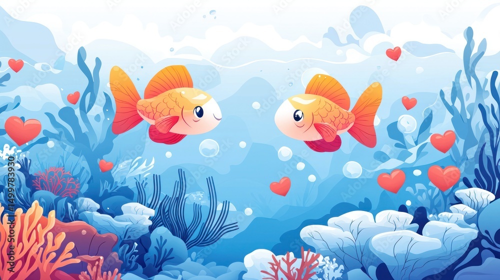 Fototapeta premium Two cute fish in love, underwater scene