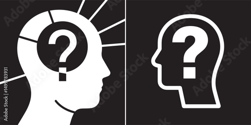Two contrasting black and white illustrations of human heads in profile. The left depicts a thought process with a question mark and radiating lines, while the right shows a simpler outline with a cen