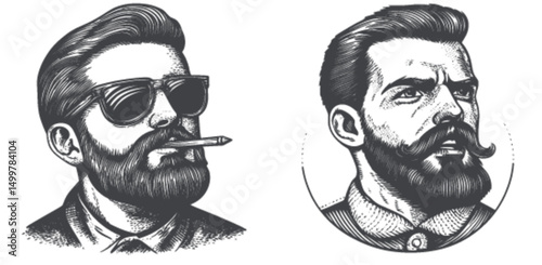 Vintage Engraving Portraits of Stylish Bearded Men in Profile