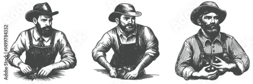 Detailed Vintage Engravings of Bearded Men Working with Vegetables