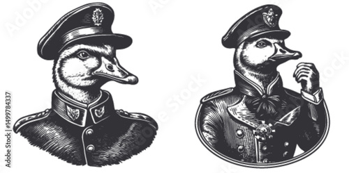 Vintage Style Engraving of Duck in Military Uniform, Woodcut Art