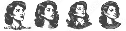 Elegant Female Portraits in Vintage Engraving Style Vector Art