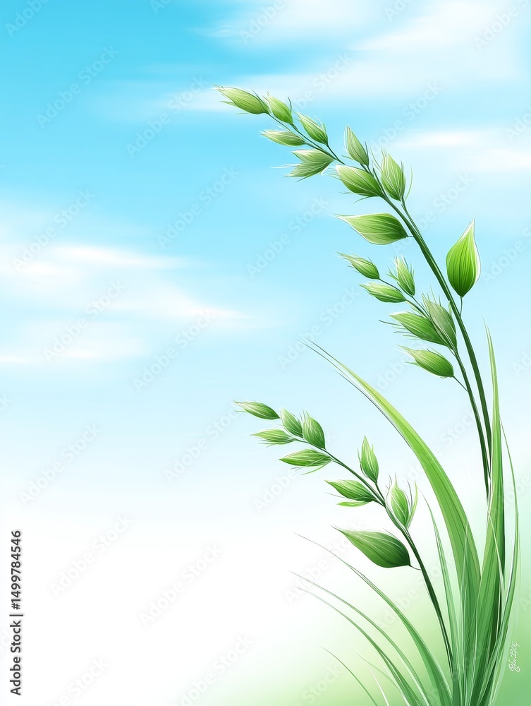 Fototapeta premium Serene Meadow Grass Under Blue Sky - Green grass blades sway gently under a bright blue sky, creating a peaceful and tranquil scene