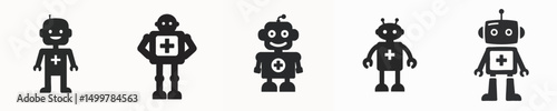 Flat Vector Icon Set of Medical Robot Silhouettes for Healthcare Technology Illustration