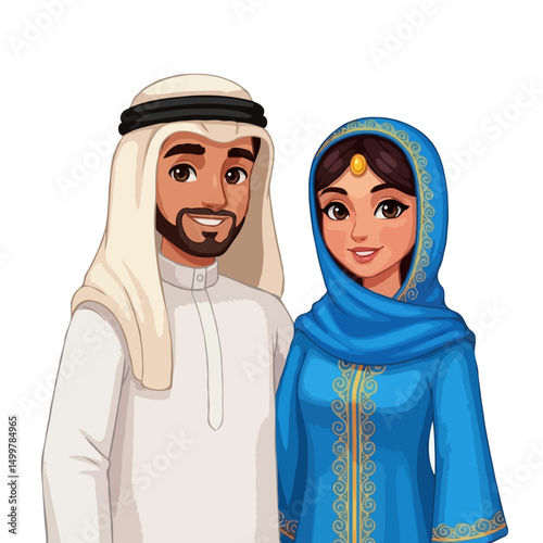 Cartoon Arabic couple in traditional oriental attire, family characters vector illustration on white