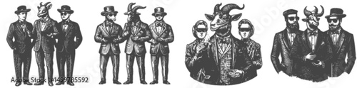 Vintage Engraving of Stylish Animals in Suits and Glasses