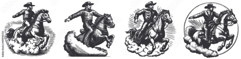 Fototapeta premium Classic Cowboy Woodcut Style Engravings of Equestrian Action Scenes