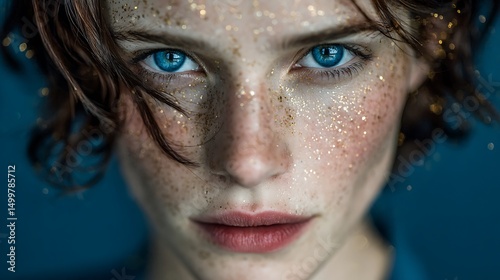 Intense blue-eyed woman gazes with freckles and golden glitter highlighting her complexion beautifully
