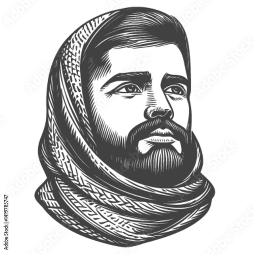 Detailed Woodcut Engraving of a Bearded Man Wearing a Scarf