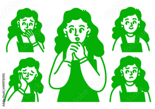 Hand-Drawn Doodle of Woman Showing Various Emotions in Green Color