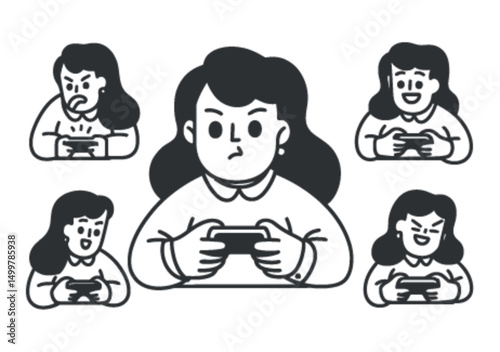 Funny Hand Drawn Doodle Illustrations of Gaming Emotions of Young Woman