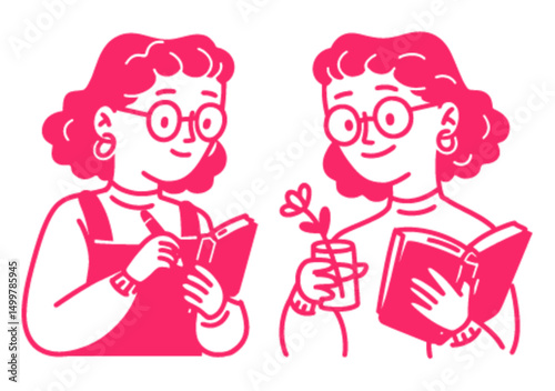 Colorful Line Drawing of Character with Notebook and Plant