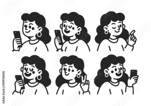 Playful Hand Doodles of Engaging Cartoon Character with Smartphone
