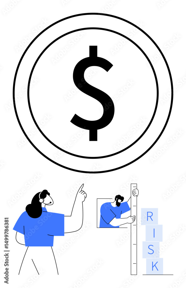Fototapeta premium Woman examining financial growth using risk-measurement blocks and large dollar symbol. Ideal for finance, investment, business analytics, risk management, economic growth, planning, simple landing