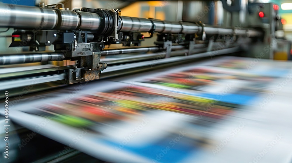 Fototapeta premium High-Speed Printing Press in Action with Colorful Prints Blurring