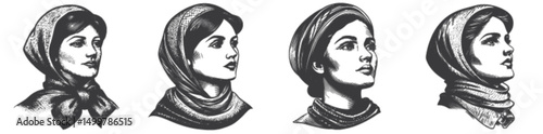 Vintage Engraving of Women Wearing Different Headscarves in Style